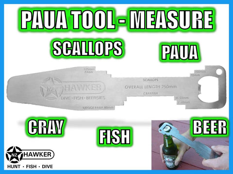 PAUA TOOL / MEASURE +CRAY +SCALLOP +FISH +BOTTLE OPENER! #01